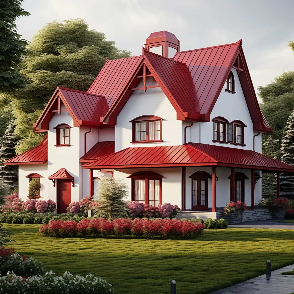 Witness a harmonious blend of natural tones that complement the boldness of a red roof, illustrating one of the most sought-after red roof house paint ideas for a serene and grounded appearance.