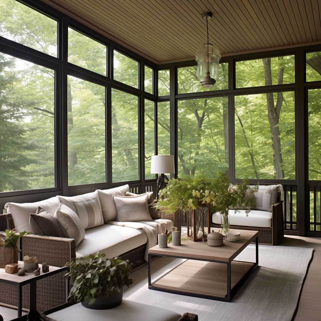 Delight in the simplicity and elegance of modern minimalist screened porch designs that emphasize clean lines and uncluttered spaces.