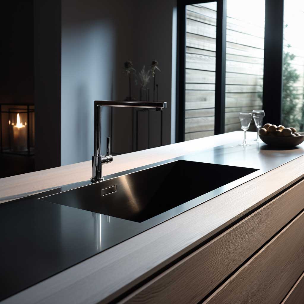 A minimalist kitchen featuring a simple modern kitchen sink design, seamlessly integrated into the countertop for a clean and uncluttered look.