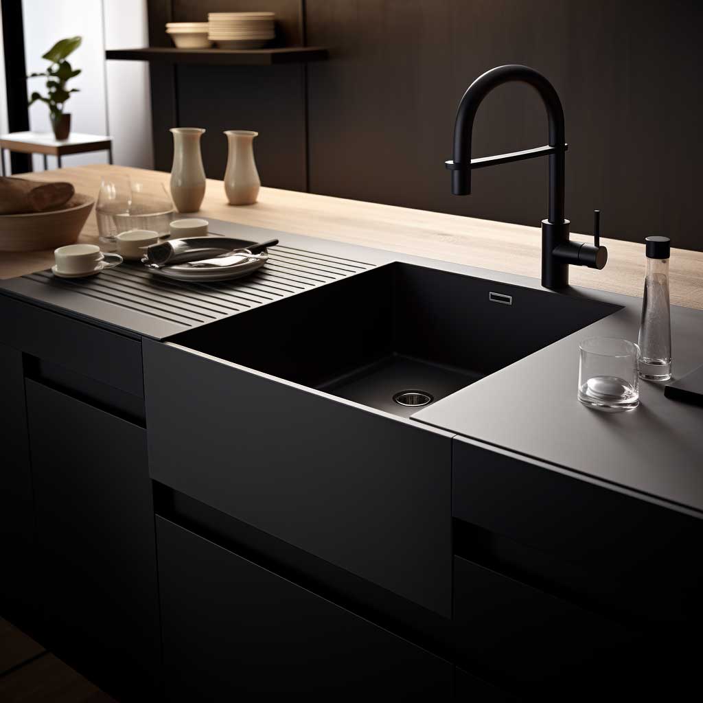 An ultra-modern kitchen setting where a simple modern kitchen sink design stands out as a statement piece, combining elegance with practicality.