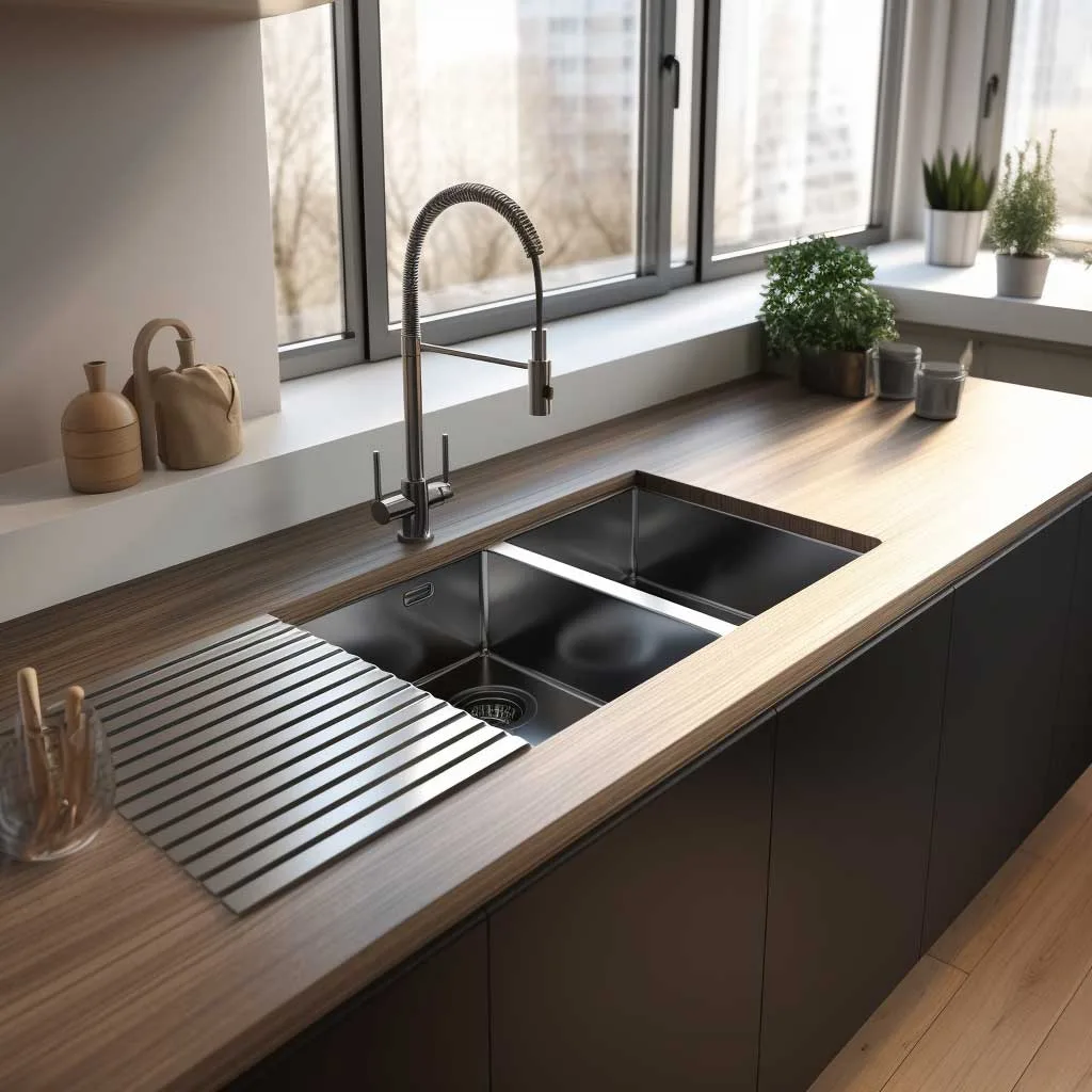 A stylish and functional kitchen highlighted by a simple modern kitchen sink design, showcasing the perfect balance of modern aesthetics and usability.