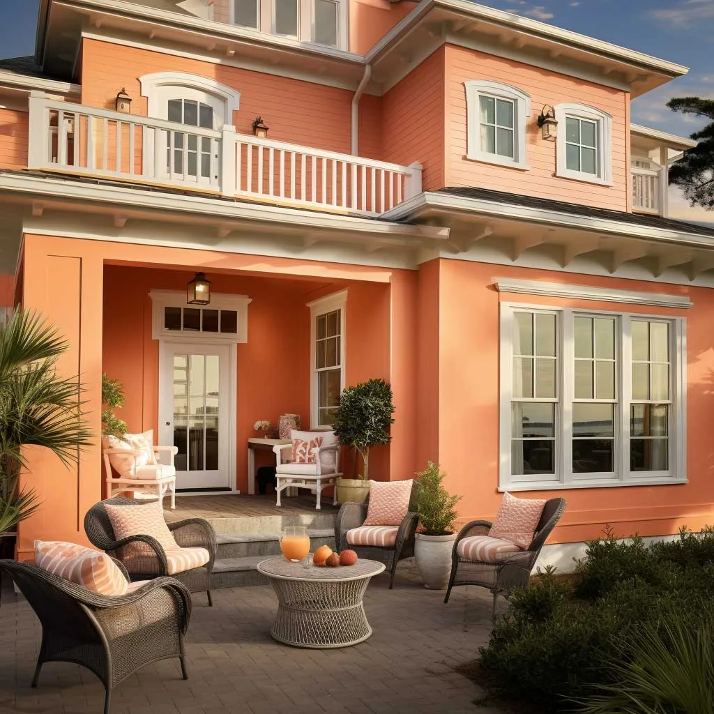 Embrace the boldness of sunset orange, a unique exterior house color that radiates warmth and whimsy, creating an inviting and cheerful presence that turns heads and warms hearts.