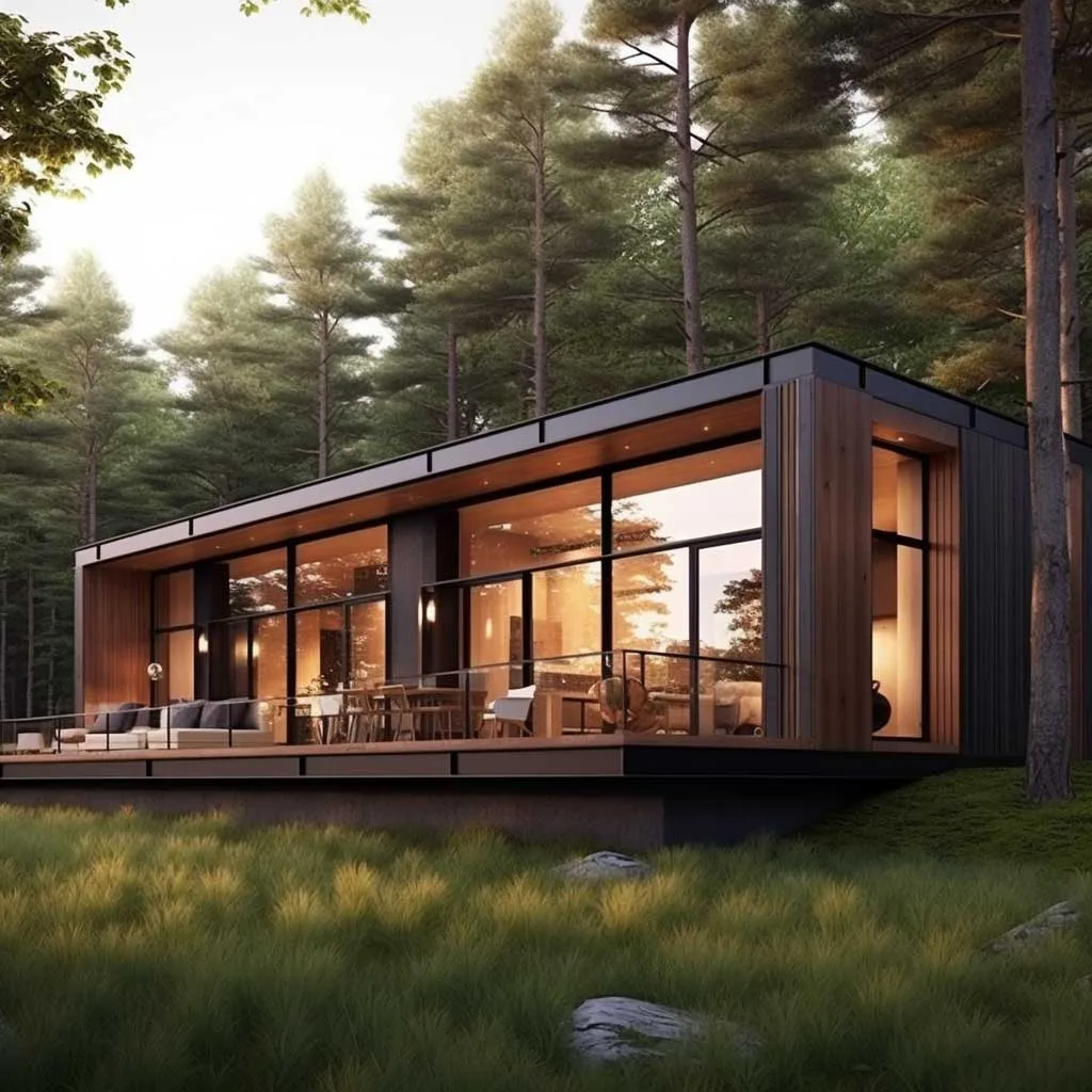 This image captures a sleek and elegant unique small wooden house design, nestled in a natural setting, showcasing a blend of simplicity and modernity.