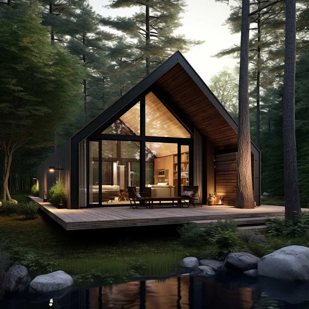 A unique simple small wooden house design that combines rustic charm with modern minimalism, set in a serene location, perfect for compact living.