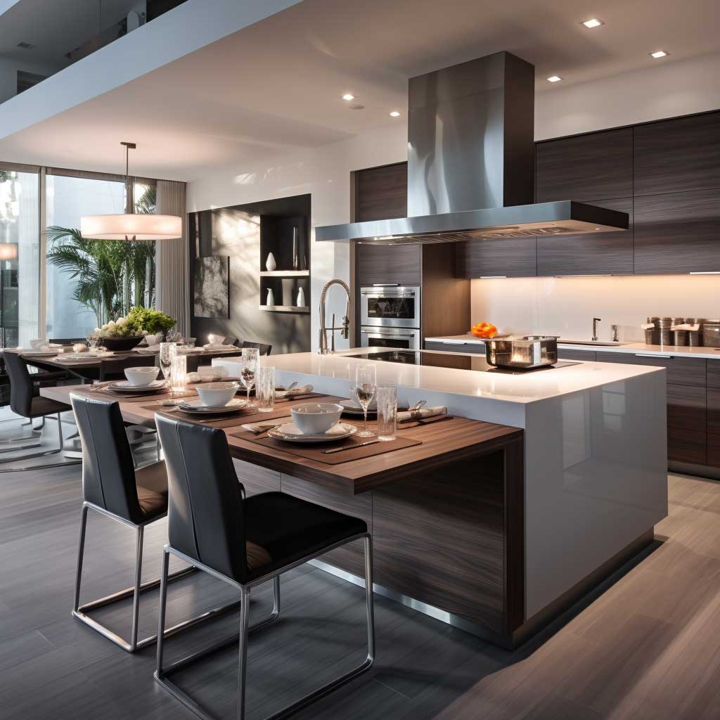 This urban modern kitchen design showcases minimalist elegance with varying shades of grey, offering a sleek and sophisticated look while maintaining a warm and inviting ambiance.