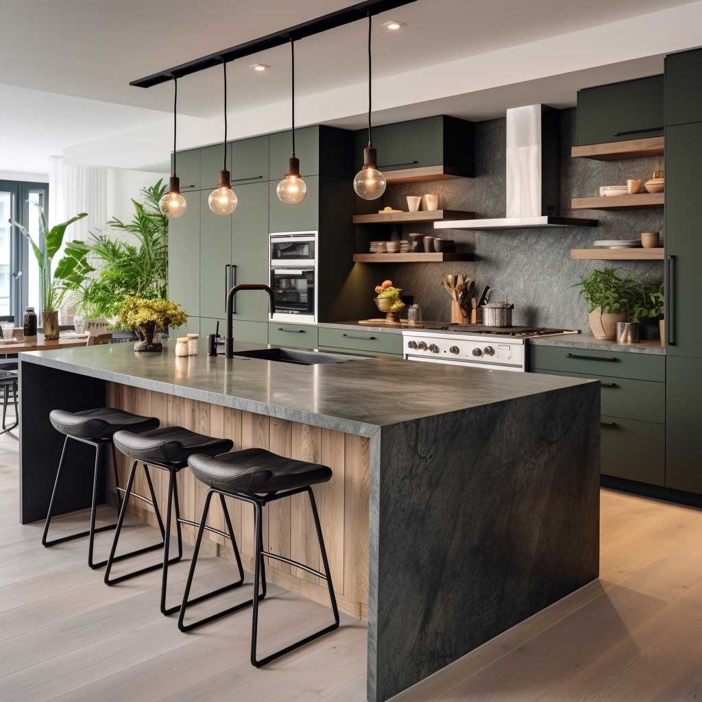 Embrace nature in the heart of the city with this urban modern kitchen design, where earthy green tones blend seamlessly with natural materials, offering a serene and organic feel in a contemporary setting.