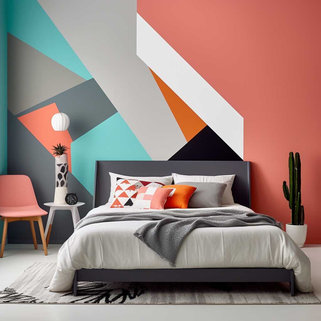 This wall painting bedroom idea brings a sophisticated blend of geometric patterns in bold hues, creating a striking focal point that transforms the bedroom into a modern art-inspired space.