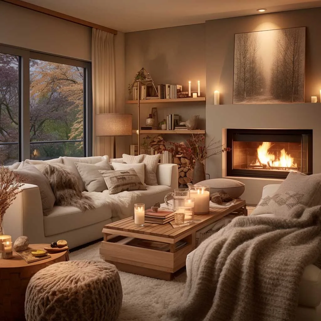 The photo shows a living room that masterfully combines cozy textures and soft lighting, integral to warm living room ideas. Layers of soft throws, plush pillows, and warm, ambient lighting make the space inviting and comfortable, ideal for relaxing evenings.