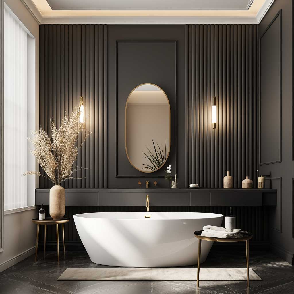 A modern and chic bathroom design that uses contemporary wainscoting styles, focusing on minimalist patterns and innovative textures.