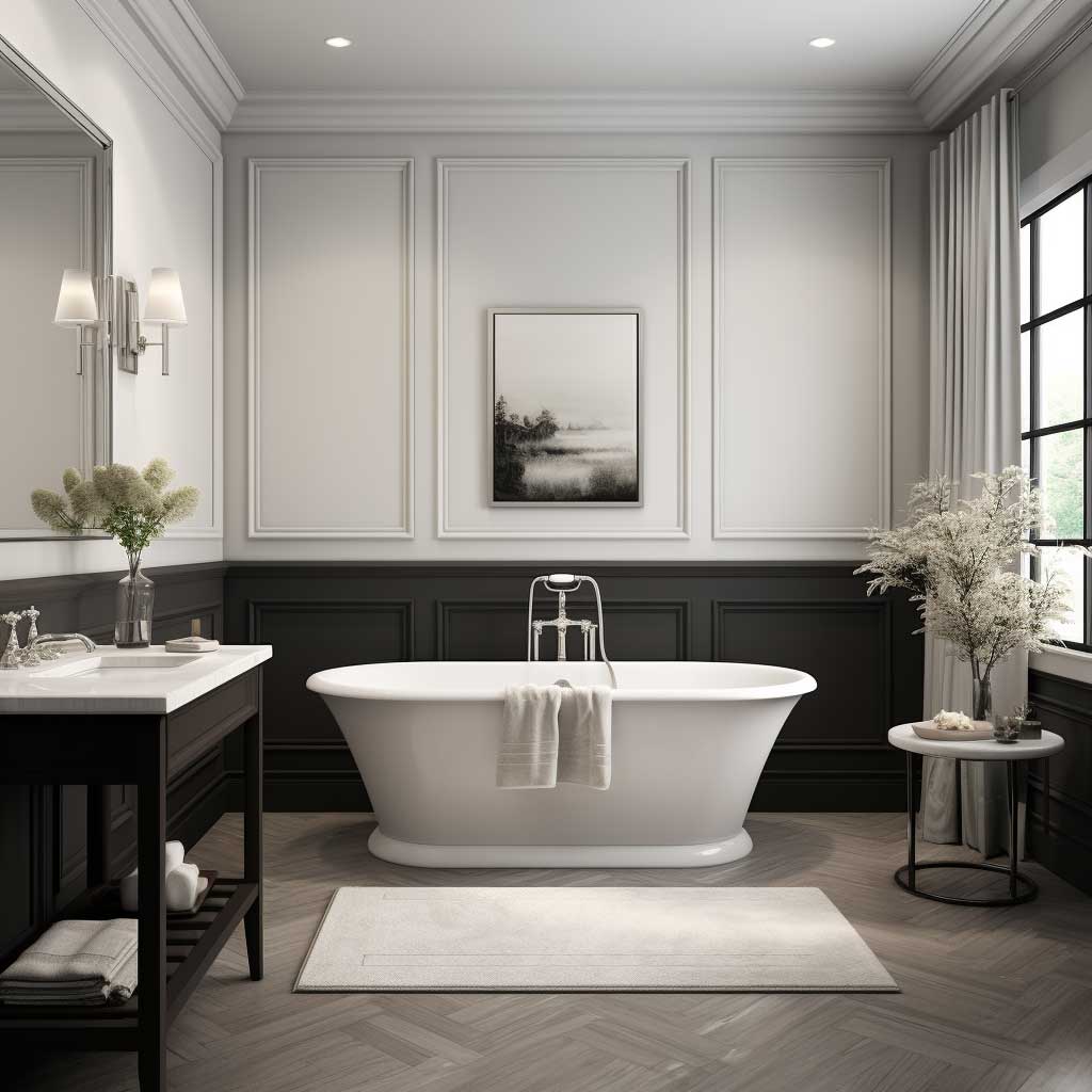 A bathroom showcasing a perfect blend of modern simplicity and classic charm with wainscoting, featuring sleek lines and timeless design elements.