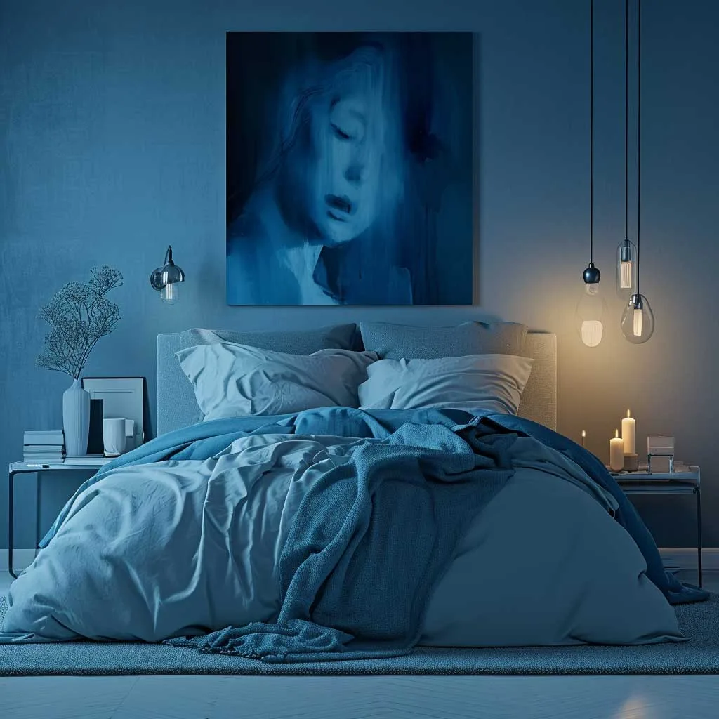 A bedroom interior showcasing various shades of calming blue, with a focus on creating a serene and soothing atmosphere, featuring soft lighting, comfortable bedding, and minimalistic decor.
