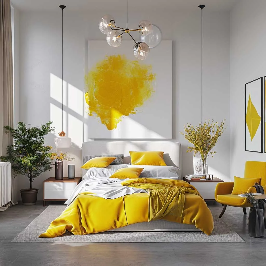 A bright and vibrant bedroom interior with energizing yellow tones, complemented by natural light, modern furniture, and lively decorative elements to create an uplifting atmosphere.