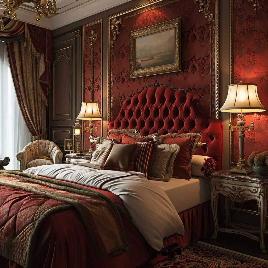 An intimate bedroom interior with warm shades of romantic red, accented with soft lighting, elegant furnishings, and luxurious fabrics to enhance a cozy, romantic atmosphere.