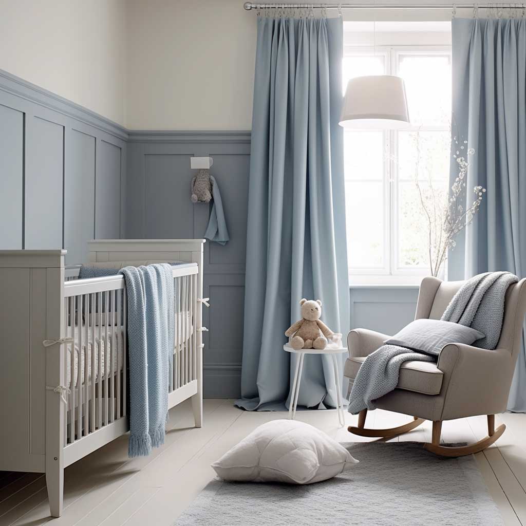 Elegant Grey Furnishings with Blue Highlights for Nurseries' focusing on the harmony of blue and grey in nursery decor. Feature contemporary furnishings and accessories that exude tranquility and elegance.
