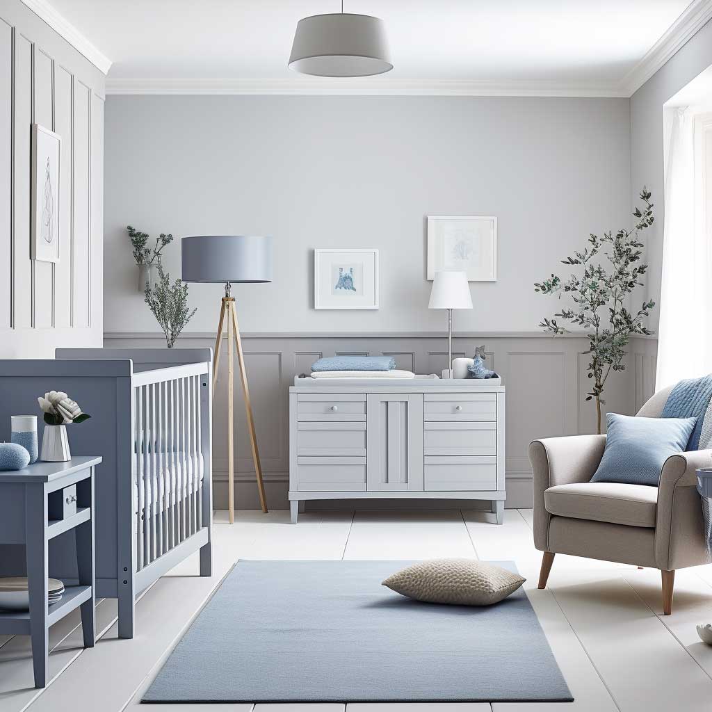 Soothing Blue Accents in a Grey Nursery Oasis' in a nursery setting. Include blue and grey elements that showcase a tranquil, stylish environment, with modern nursery furniture and decorative items that complement the theme.