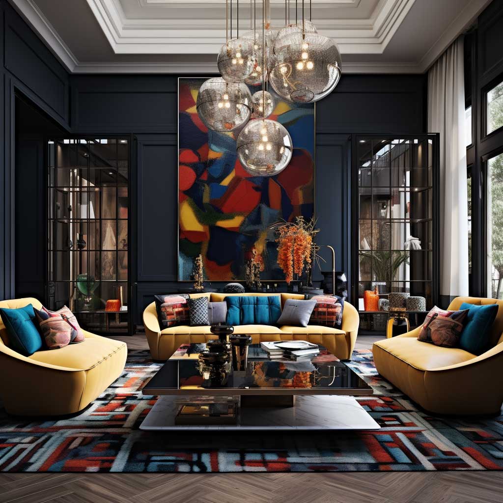 Explore a living room where the interplay of dynamic lighting accentuates the boldness of the decor, establishing a space that's energized and stylish.