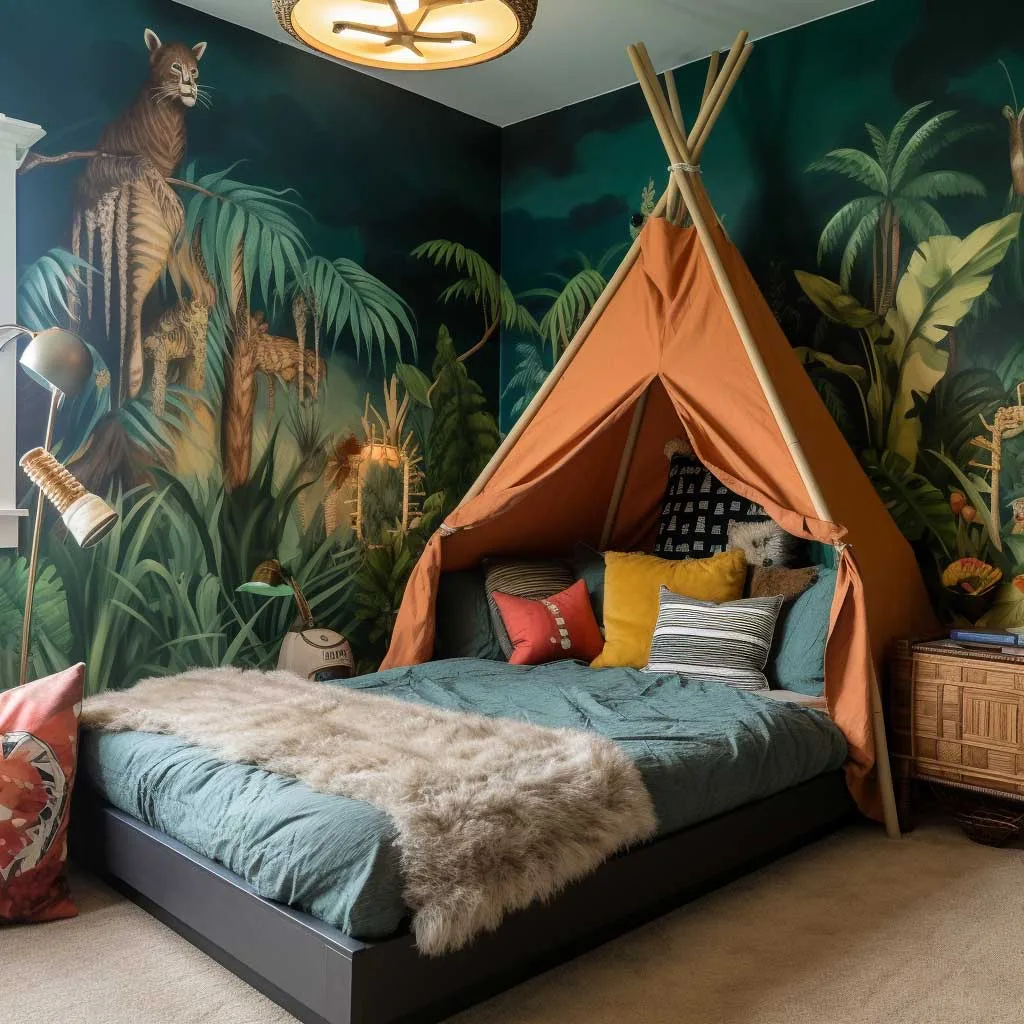 A kids' bedroom with an exciting adventure theme, displaying elements like a jungle-inspired wallpaper, adventure gear decorations, and playful bedding. The design should capture the essence of a child's adventurous spirit in a vibrant and engaging bedroom setting.