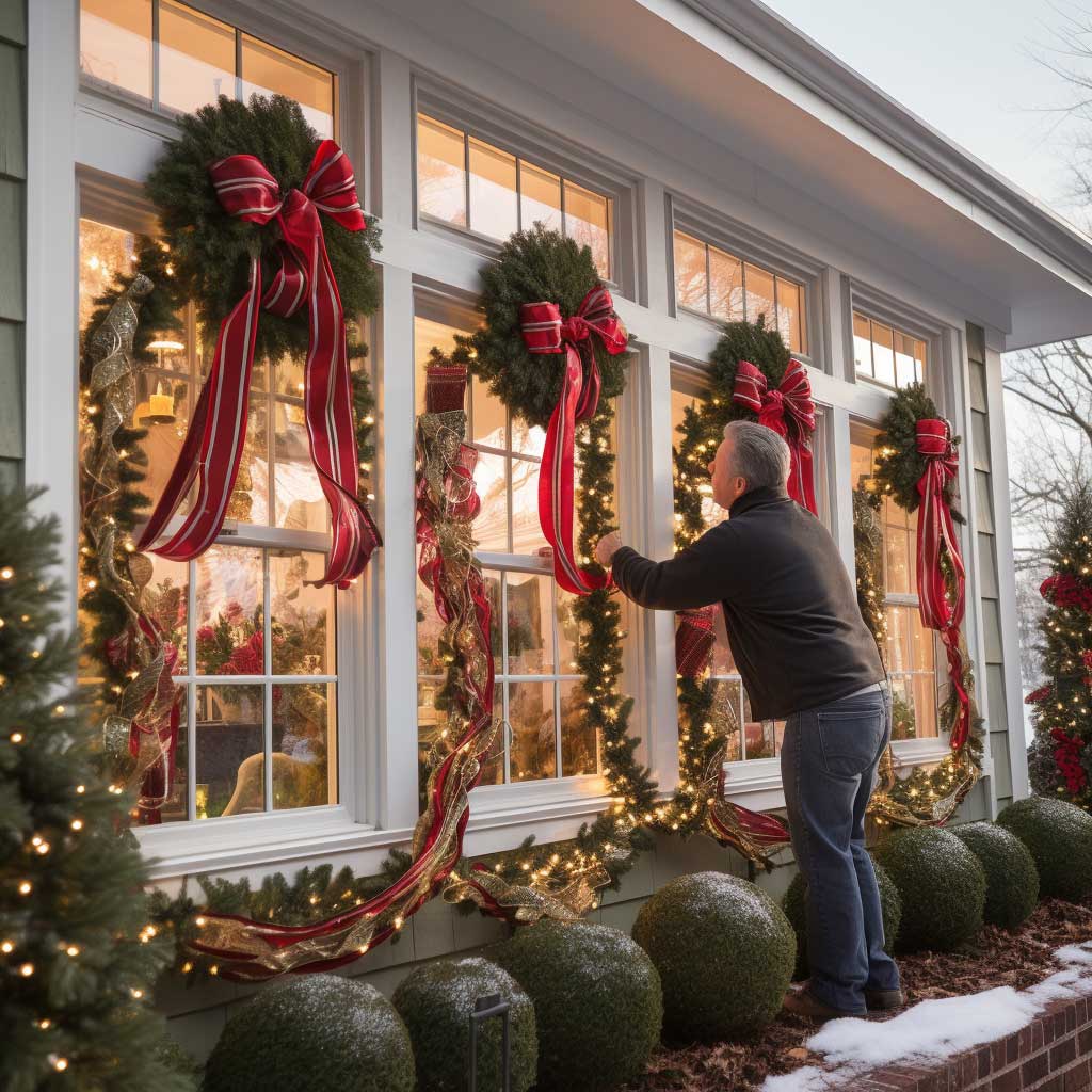 An engaging view of a home's exterior, where a person is seen decorating windows with festive wreaths and vibrant ribbons, embodying the spirit of Christmas exterior window decorations.