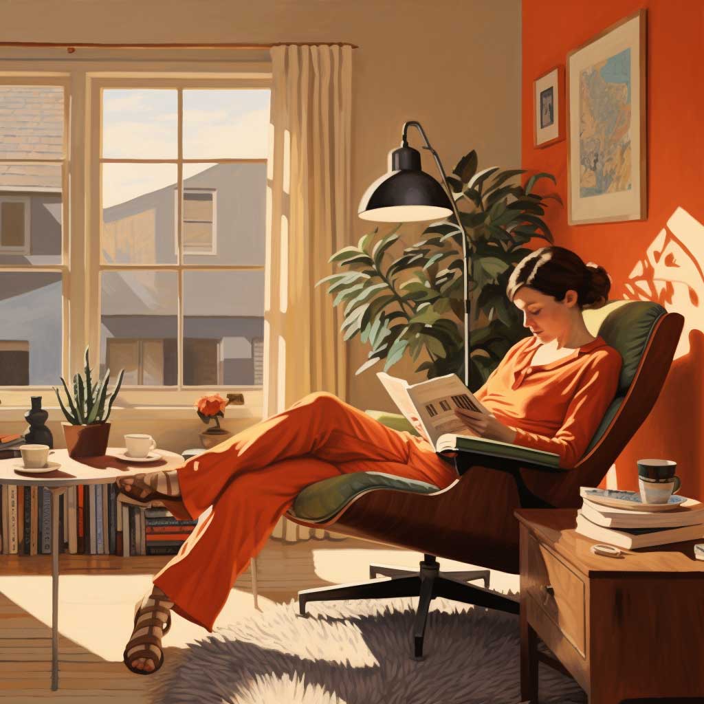 An inviting living room with a harmonious blend of mid-century furniture and modern coziness, radiating a chic, welcoming vibe.