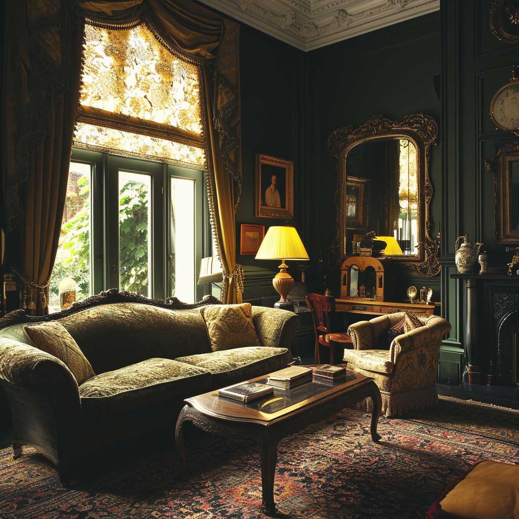 A classic living room where dark green adds timeless elegance. The room showcases traditional furniture, ornate detailing, and luxurious fabrics, all set against the backdrop of dark green walls, exuding a sense of classic, understated luxury.