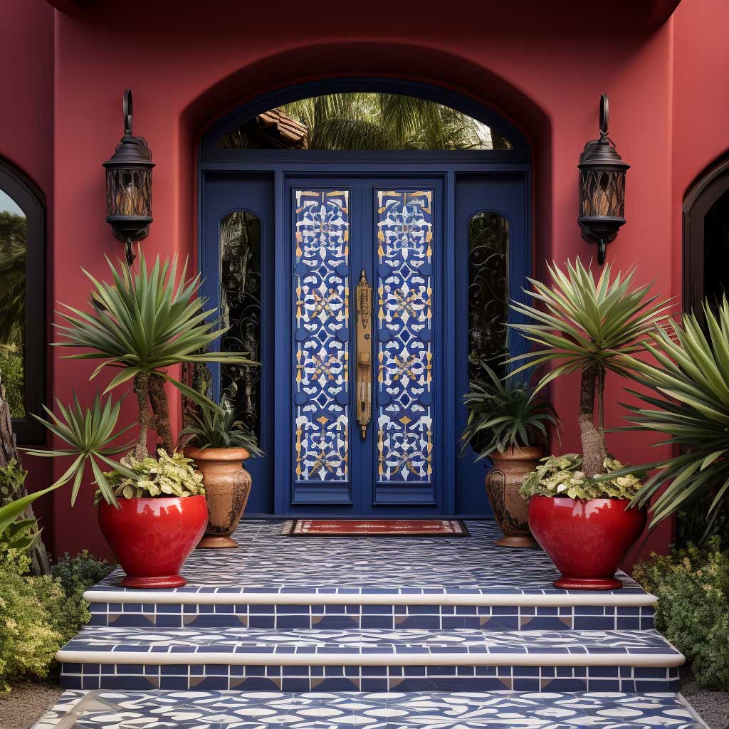 A front door painted in a bold color, complemented by patterned decor elements, creating a vibrant and dynamic entrance to the home.