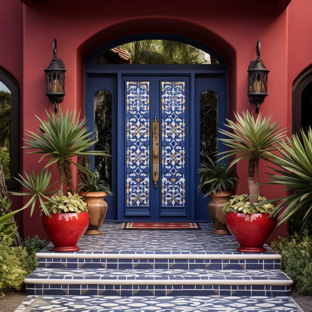 A front door painted in a bold color, complemented by patterned decor elements, creating a vibrant and dynamic entrance to the home.