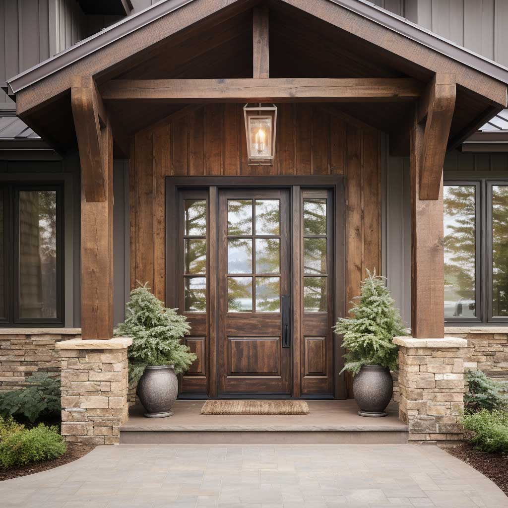 A harmonious blend of rustic wooden elements and modern decor at a home entrance, featuring a stylishly adorned front door that bridges traditional and contemporary styles.