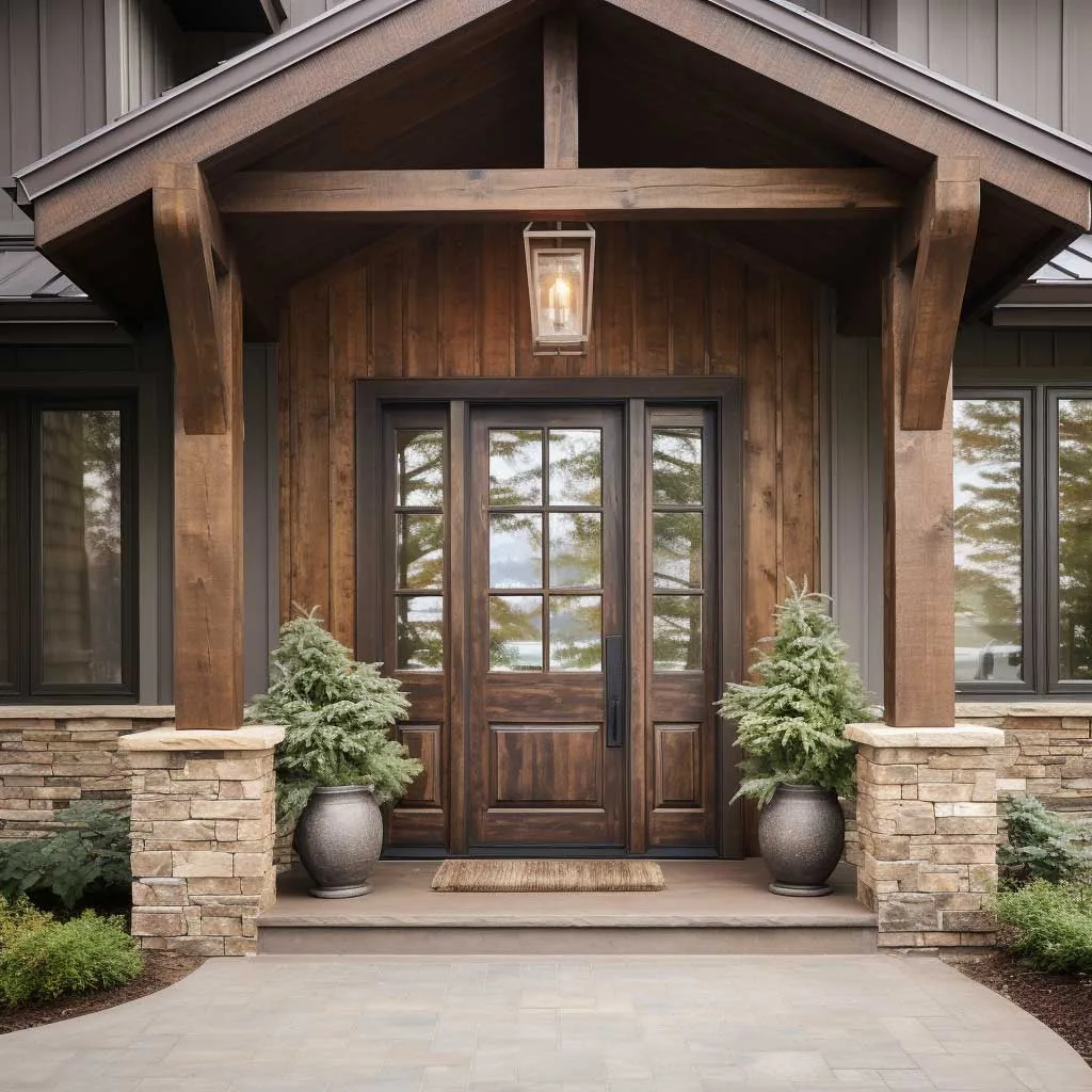 A harmonious blend of rustic wooden elements and modern decor at a home entrance, featuring a stylishly adorned front door that bridges traditional and contemporary styles.