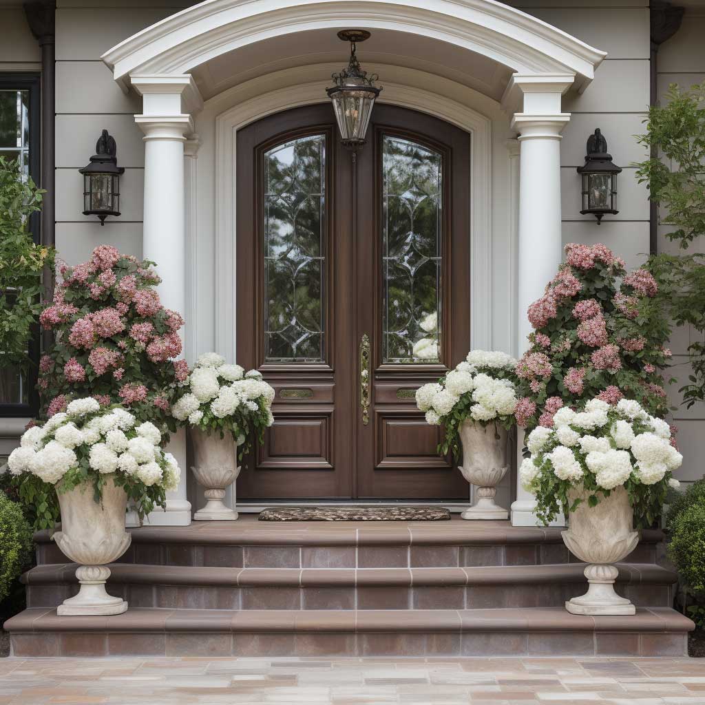 A home entrance showcasing an elegantly decorated front door with symmetrical floral arrangements and tasteful accents, embodying a classic and refined aesthetic.