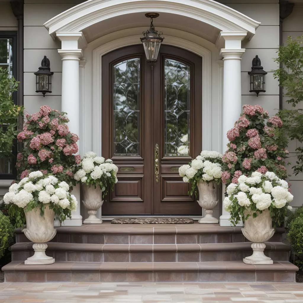 A home entrance showcasing an elegantly decorated front door with symmetrical floral arrangements and tasteful accents, embodying a classic and refined aesthetic.