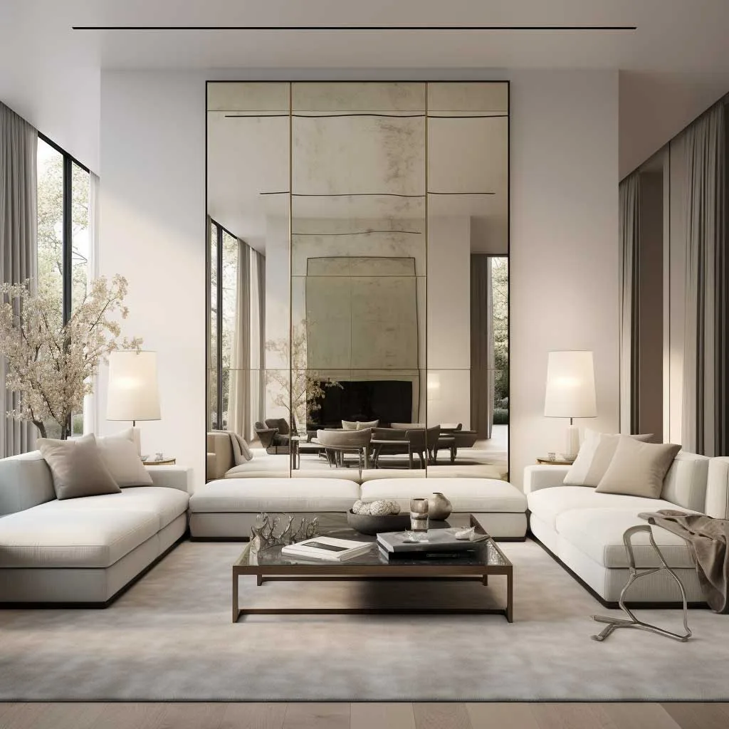 Experience the illusion of expanded space in a contemporary living room, where a full wall mirror adds depth and a sense of openness.