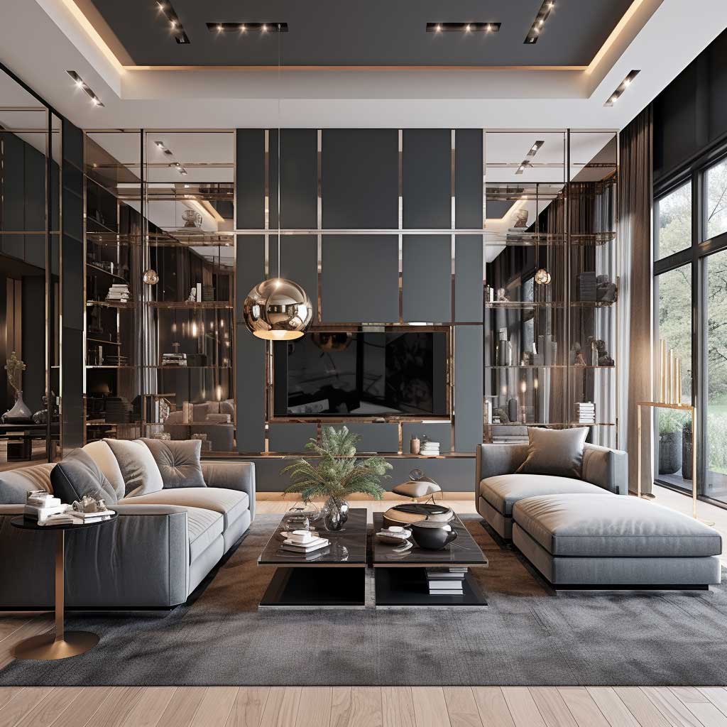 Explore cutting-edge living room designs where full wall mirrors merge with modern aesthetics, offering both functionality and a sleek look.