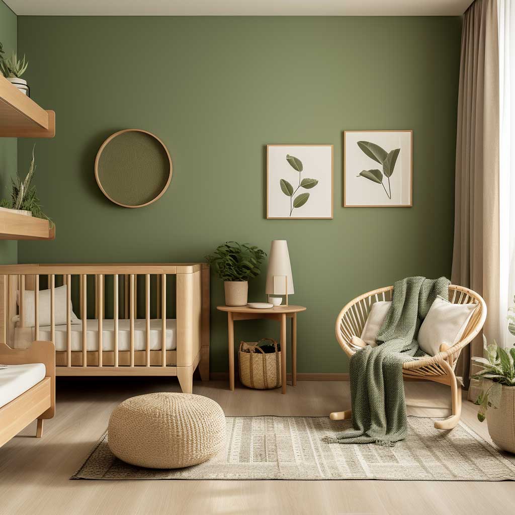 The photo illustrates a modern green nursery design that incorporates natural elements like wood and organic fabrics. The room features wooden furniture and green-toned bedding, creating a harmonious and earthy feel that is both modern and comforting.