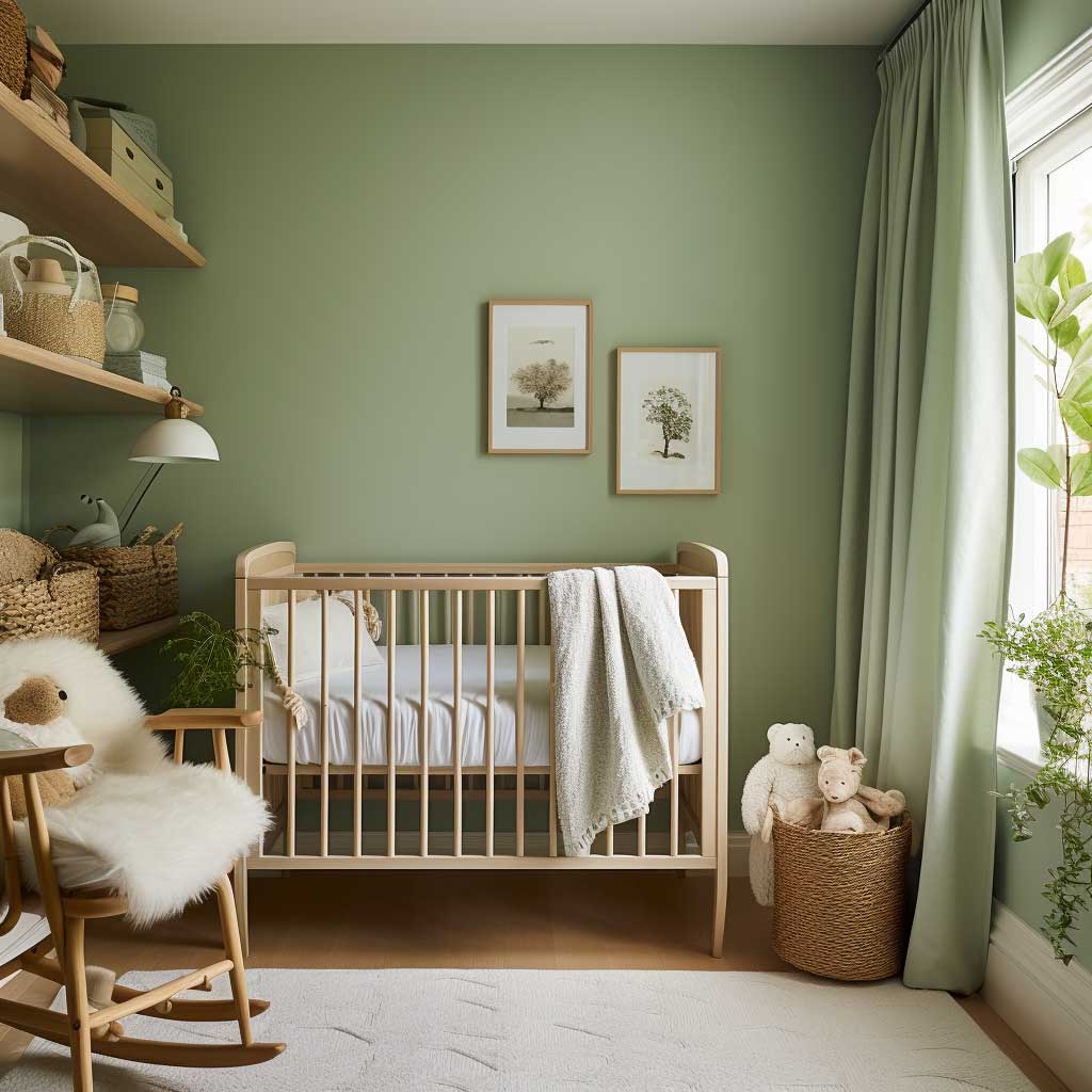 This image displays a serene nursery where varying shades of green come together to create a calming atmosphere. The design uses light green walls, complemented by deeper green accents in the form of textiles and plant life, perfectly capturing the essence of a tranquil green nursery design.