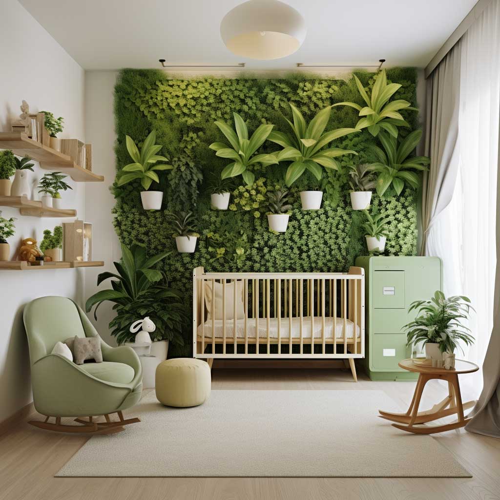 This image showcases a creatively designed green nursery, where the use of green is not just in the color palette but also in the incorporation of natural greenery. Potted plants and wall-mounted leaves bring a touch of nature indoors, creating a green oasis for a modern nursery design.