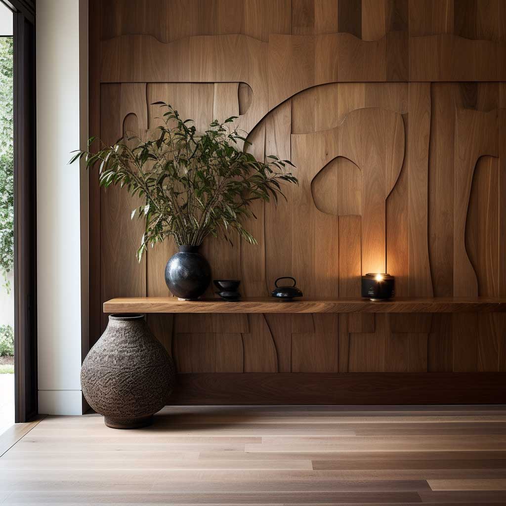 An entryway enhanced with half wall paneling, blending wood textures with minimalist design for a welcoming and stylish entrance.