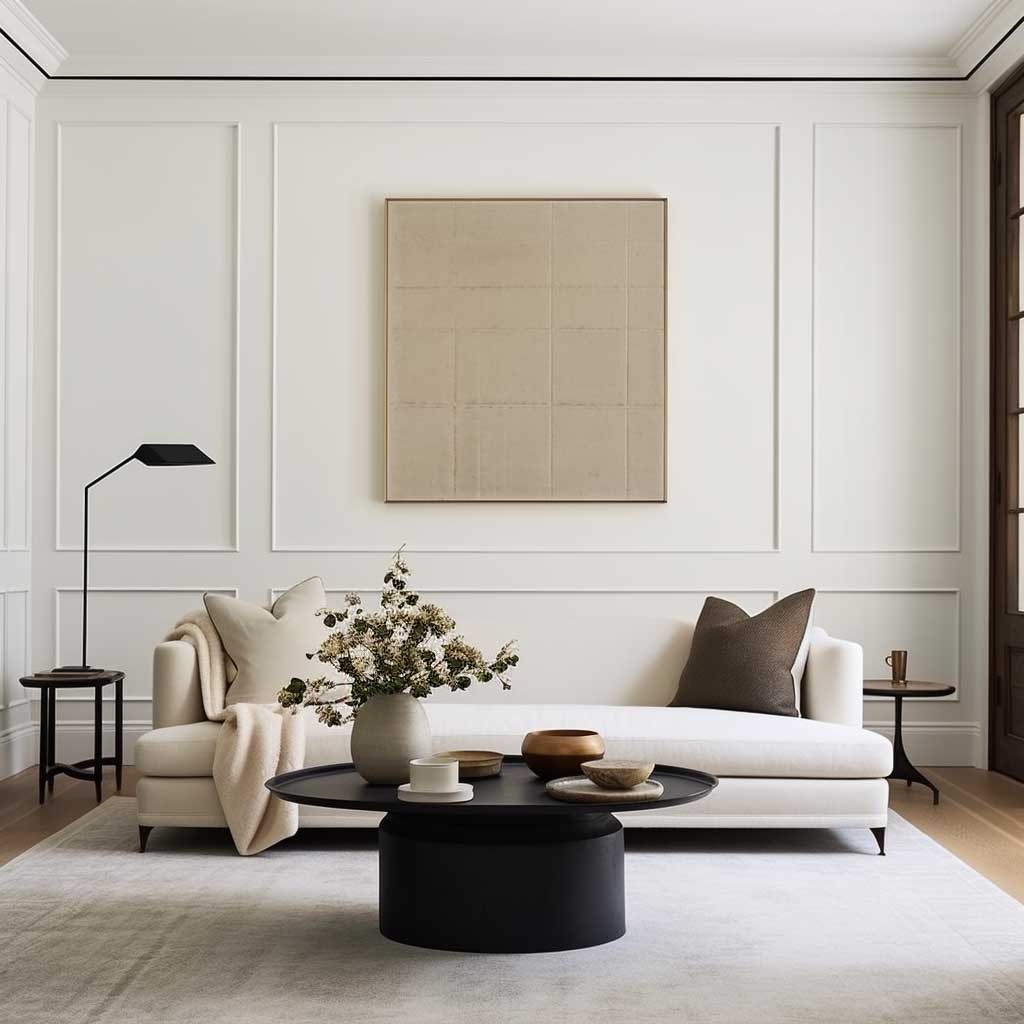 A minimalist living room featuring half wall paneling in a monochrome palette, emphasizing clean lines and understated elegance.