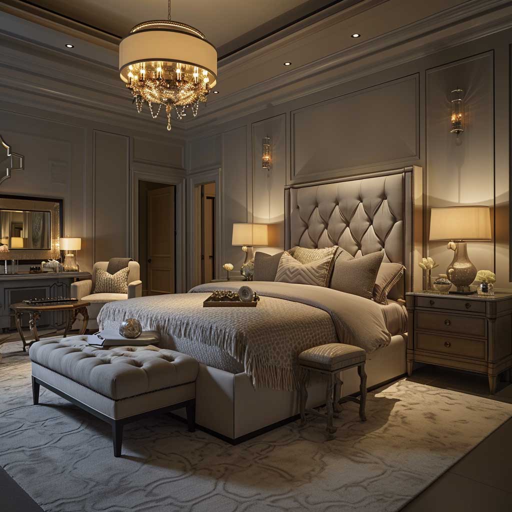 A master bedroom showcasing a serene and luxurious interior with a soothing color palette, elegant furniture, and plush textiles, combined with ambient lighting and tasteful decor.
