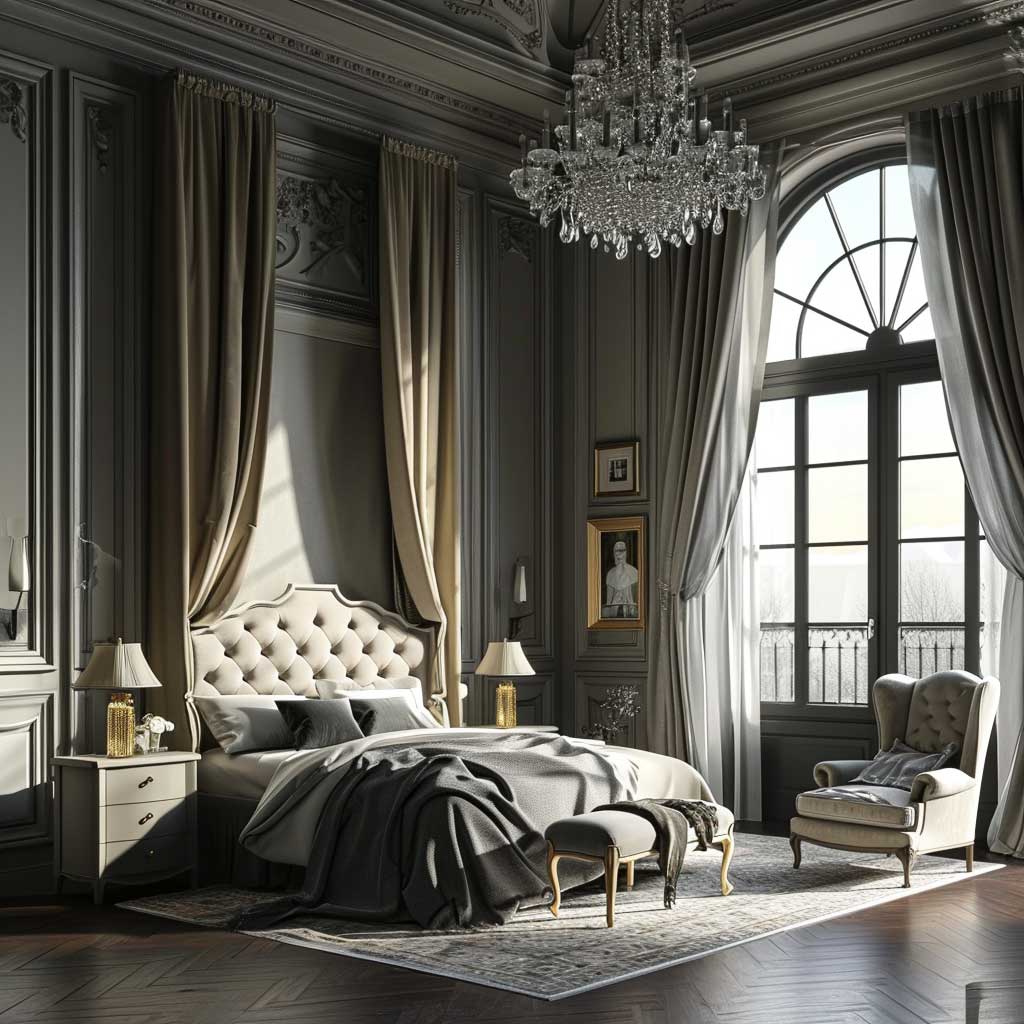 A master bedroom interior exuding timeless elegance, with classic furniture pieces, rich fabric drapes, a statement chandelier, and a refined color scheme that balances tradition and modernity.