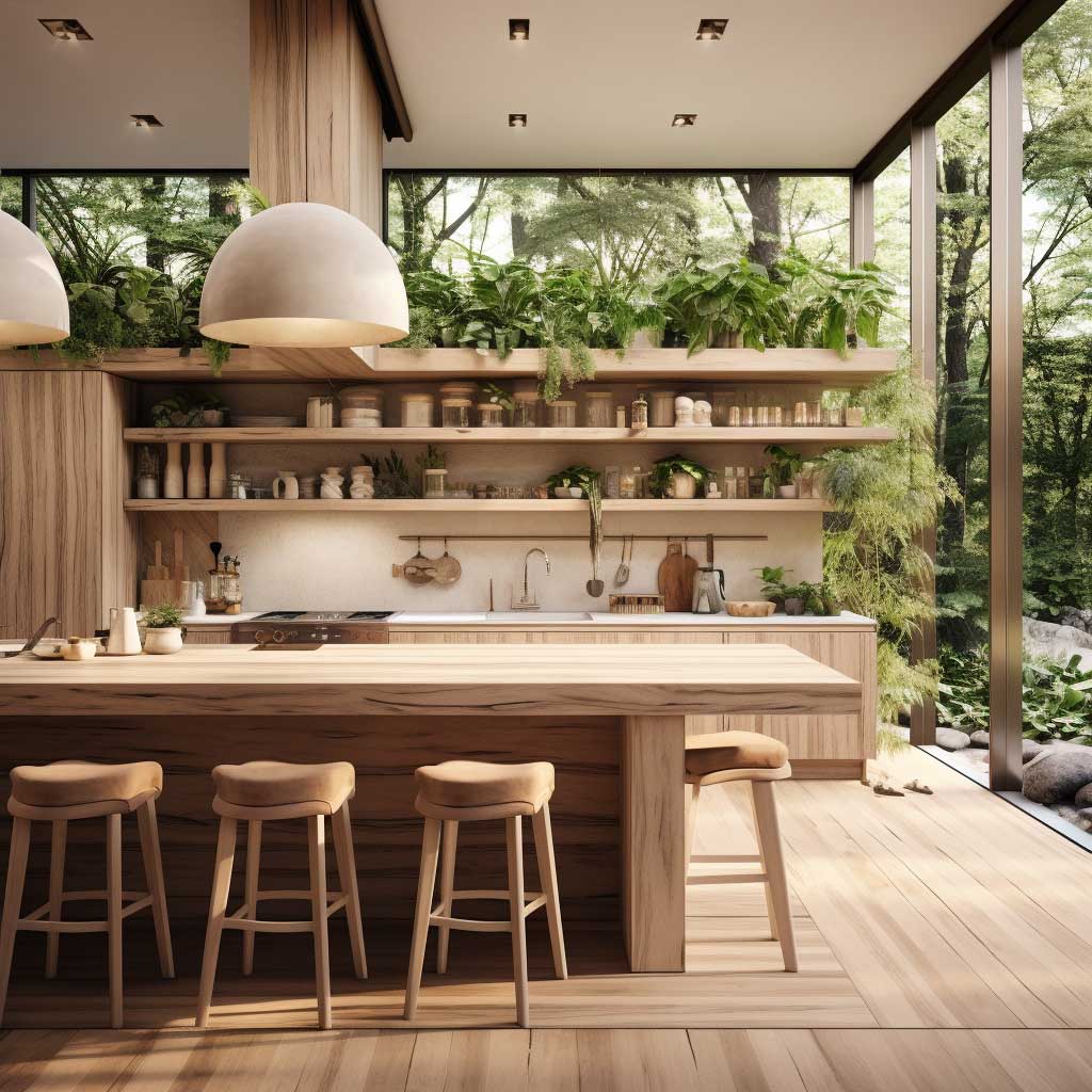 A kitchen with natural wood elements and greenery, integrating outdoor elements for a serene and eco-friendly design.