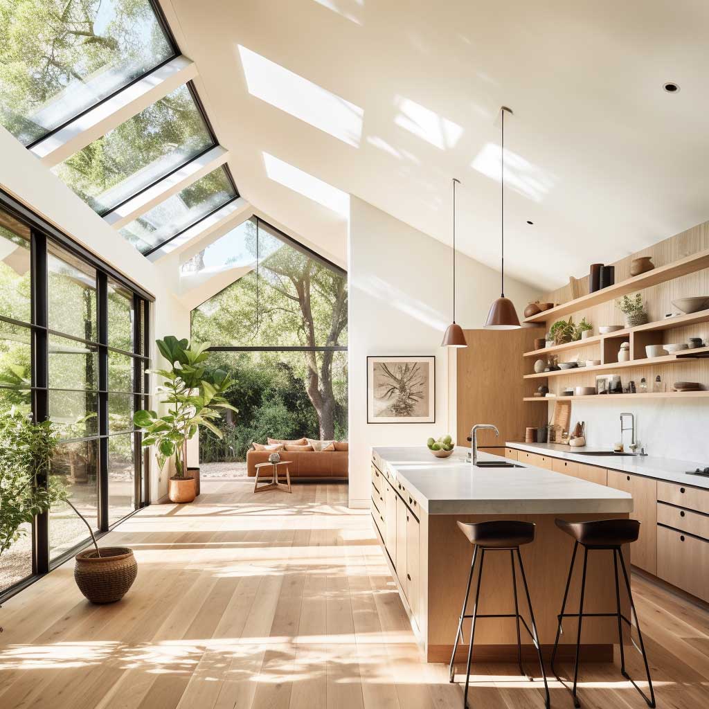 An open-plan kitchen featuring large windows and skylights, highlighting the Australian penchant for natural light and airy spaces.