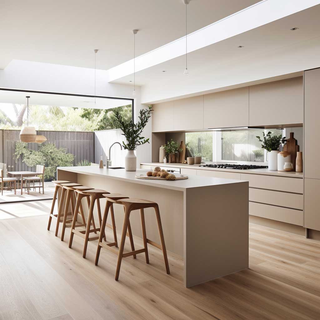 A spacious kitchen showcasing minimalist design, with clean lines and neutral color palettes typical of modern Australian style.