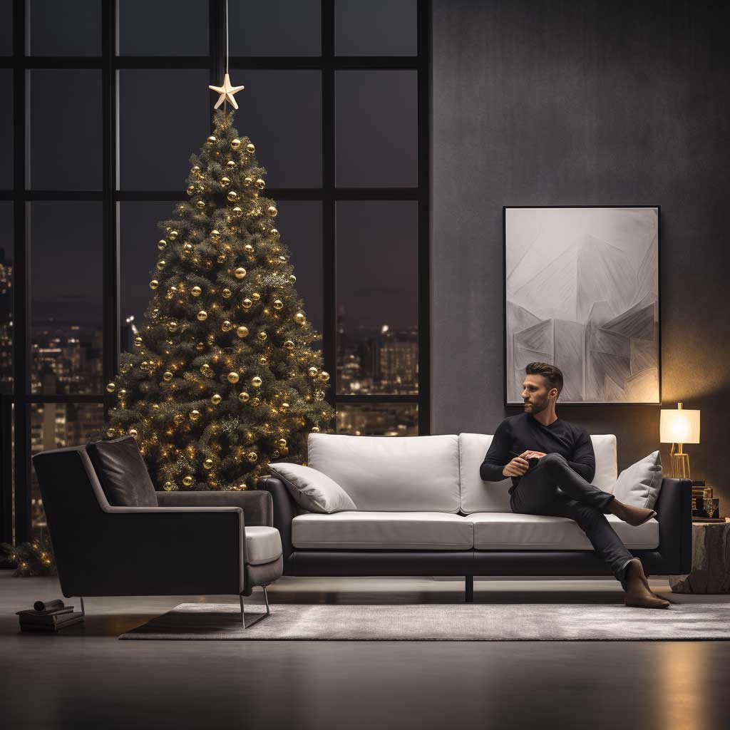 This image captures a modern Christmas living room, showcasing a minimalist design with a sleek Christmas tree, sophisticated monochrome color palette, and a person relaxing on a stylish, contemporary sofa.