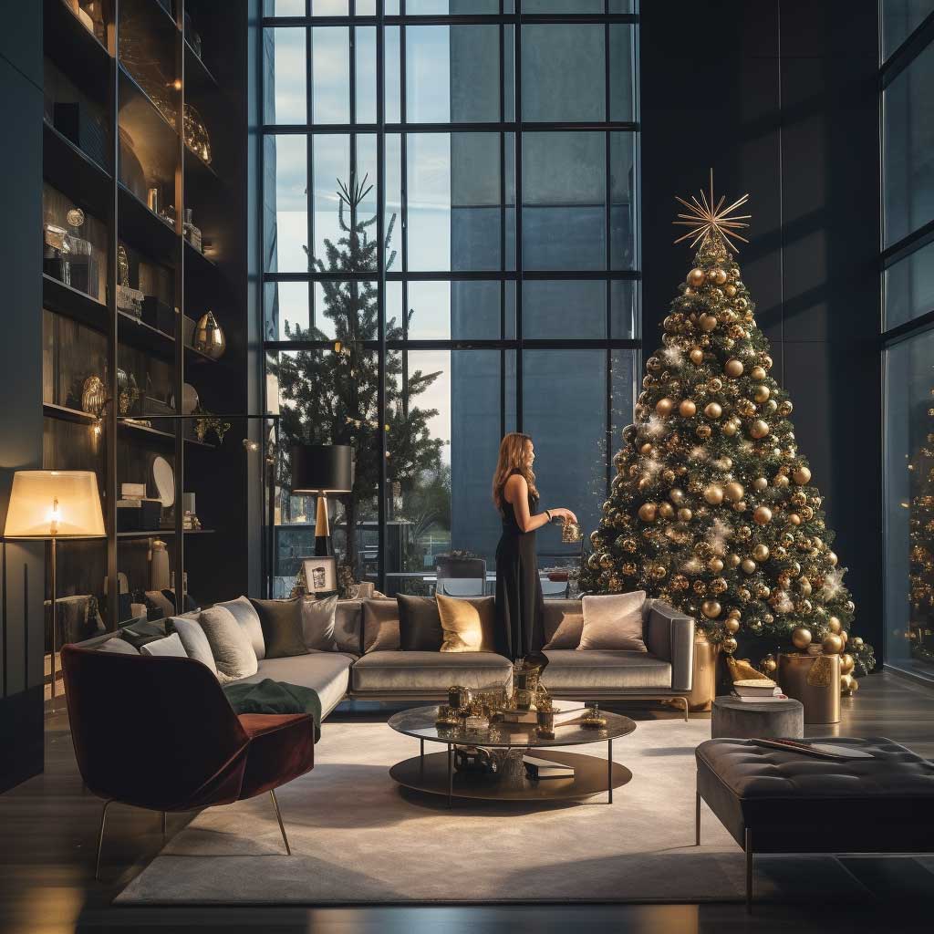 This photo illustrates a modern Christmas living room that perfectly balances festive cheer and modern design, with a person admiring a creatively decorated Christmas tree amidst contemporary furniture.