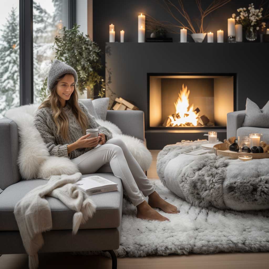 Featured here is a modern Christmas living room with a focus on cozy elements like a soft, plush rug and a warm fireplace, with a person enjoying the festive atmosphere in a well-lit, tastefully decorated space.