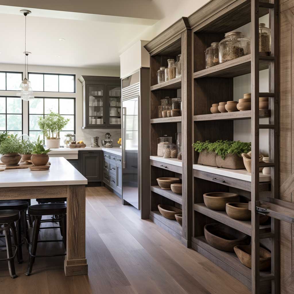 Witness the marriage of form and function with cleverly designed storage options in a modern farmhouse kitchen setting.