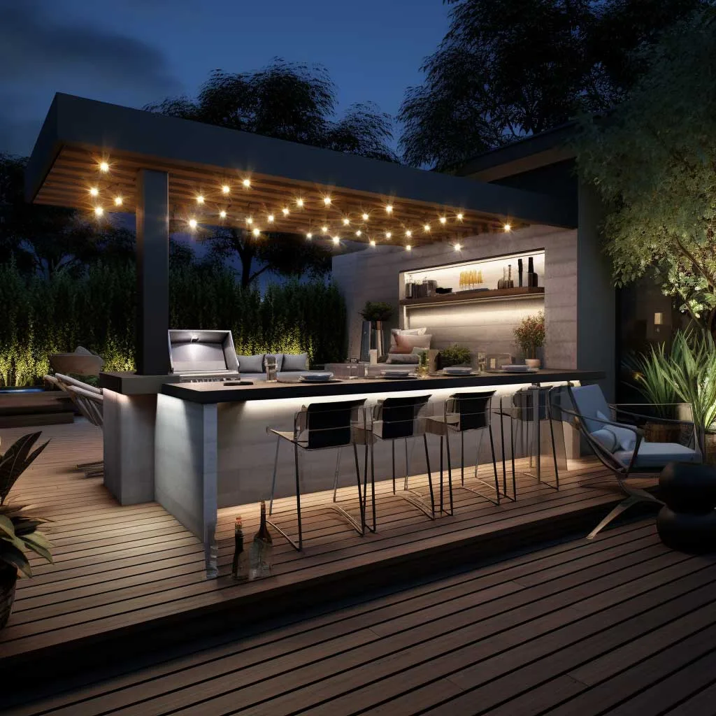 A visual representation of a stylish outdoor kitchen, complete with modern furnishings and ambient lighting, perfect for evening entertainment under the stars.