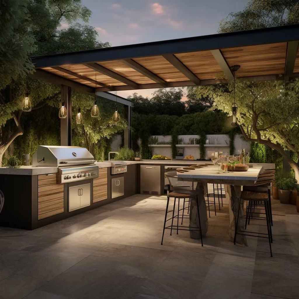 An image depicting an elegantly designed outdoor kitchen, nestled within a lush garden setting, featuring state-of-the-art equipment and natural wood accents.