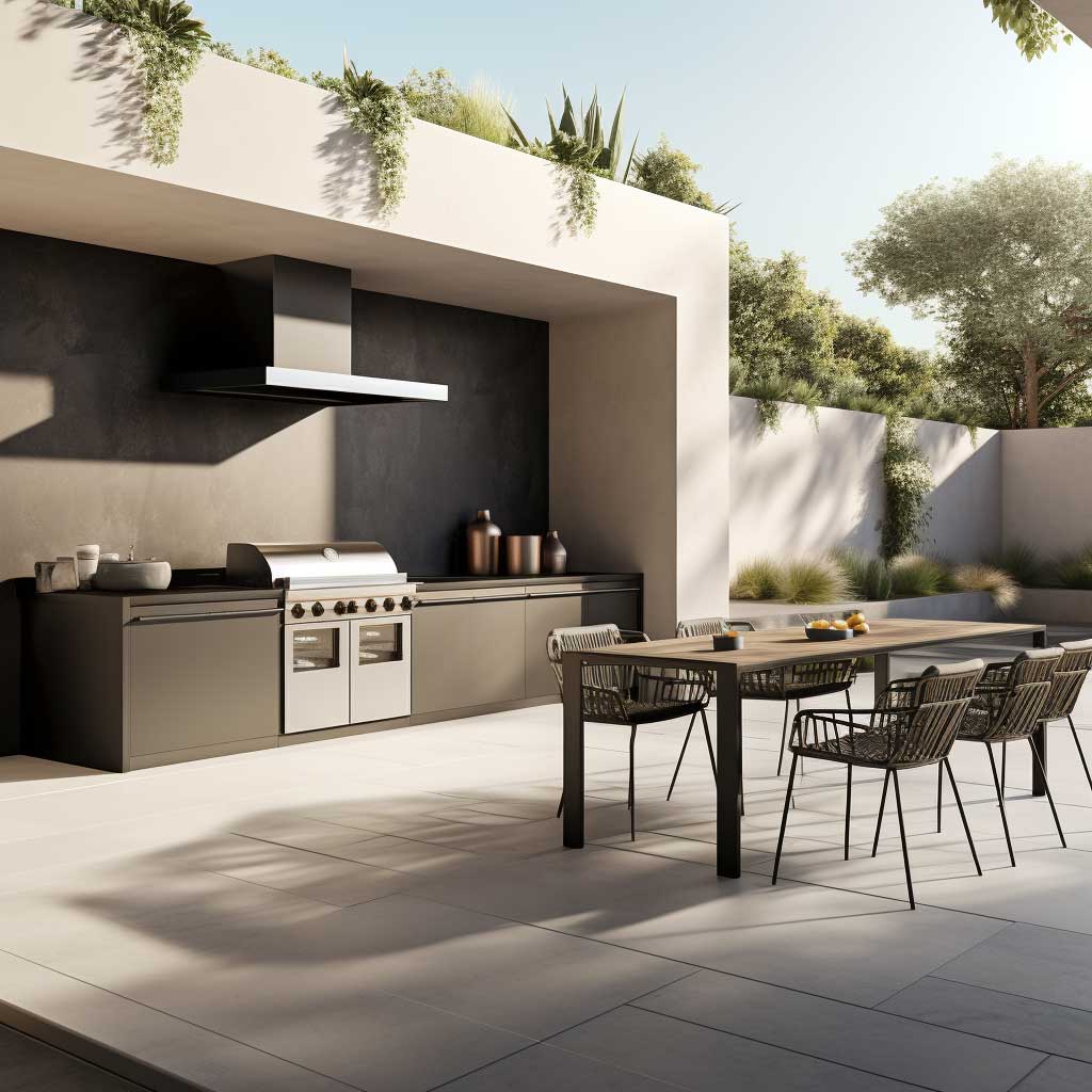 A photo showcasing a modern outdoor kitchen set against a minimalist patio backdrop, highlighting streamlined appliances and a sophisticated monochrome color scheme.