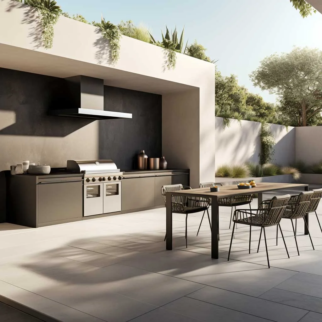 A photo showcasing a modern outdoor kitchen set against a minimalist patio backdrop, highlighting streamlined appliances and a sophisticated monochrome color scheme.